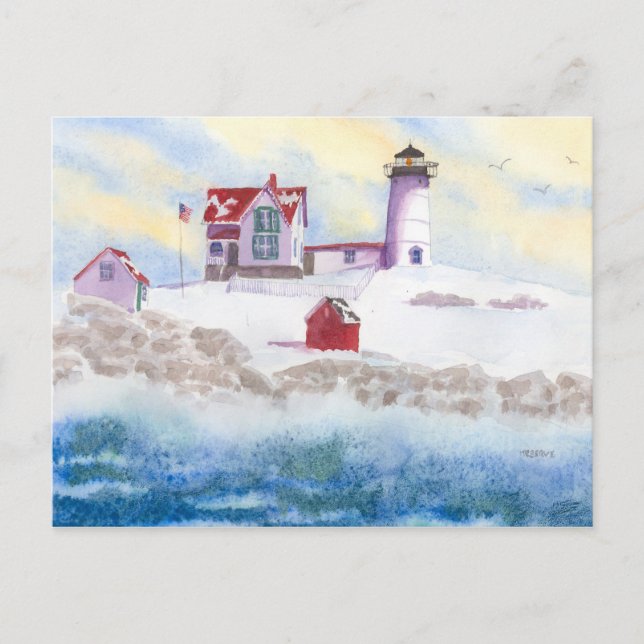 Vintern vid Nubble LIghthouse i Maine Post Card Vykort (Framsida)