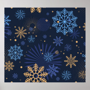 Vinternatt: Blue Snowflake Mönster. Poster