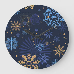 Vinternatt: Blue Snowflake Mönster. Stor Klocka