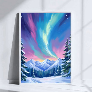 Vinternatt Norrsken Vattenfärg Berg Poster