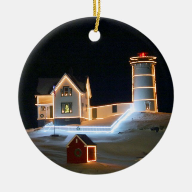 Vinternatt vid Nubble Light. Julgransprydnad Keramik (Framsidan)