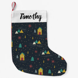 Vinternatten Snöflingor landning på små hus Liten Julstrumpa