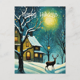 Vinternattskog, full månskal Cabin Hjort jul Helg Vykort