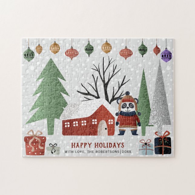 Vinterpanda och träd God jul jul Pussel (Horisontell)