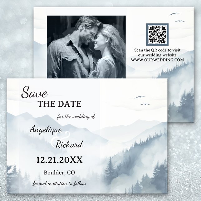 Vinterparentes för vattenfärgen Gräs Spara datumko Datumet (Winter Wedding Save the Date Card featuring a watercolor mountain scene with pine tree forest. )