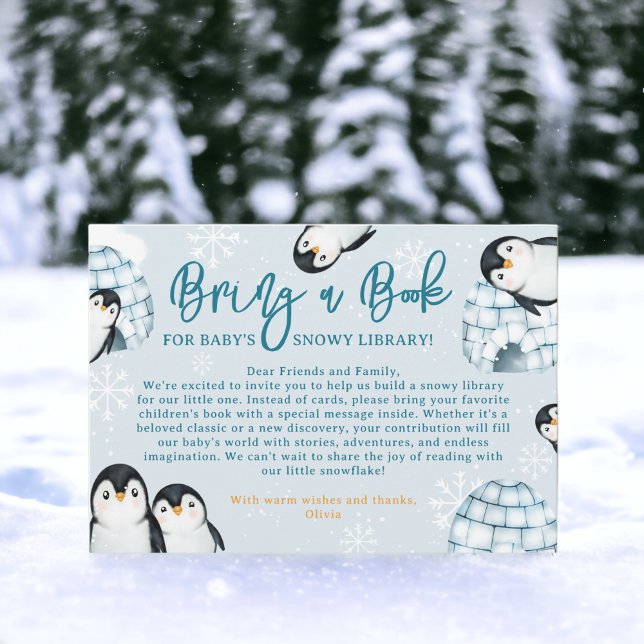 Vinterpenguin igloos tar med sig en babydusch i bo tilläggskort (Winter penguin igloos bring a book baby shower enclosure card)