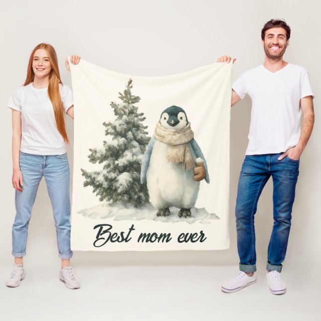 Vinterpingvin “Bästa mamma någonsin” design Fleecefilt (På plats)