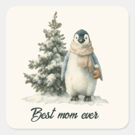 Vinterpingvin “Bästa mamma någonsin” design Fyrkantigt Klistermärke
