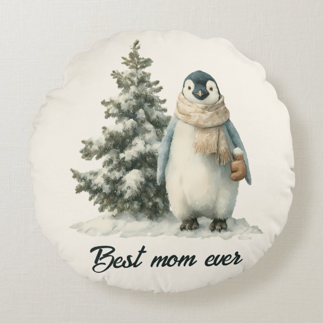 Vinterpingvin “Bästa mamma någonsin” design Rund Kudde (Framsidan)