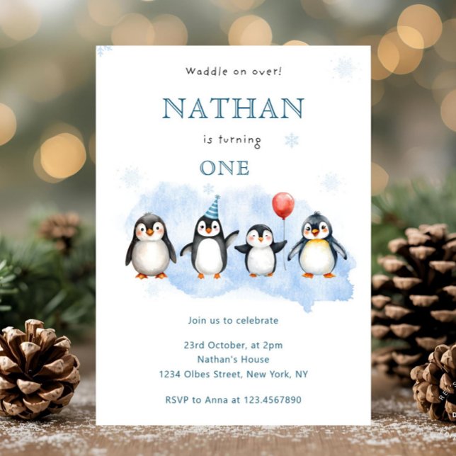 Vinterpingvin Första Födelsedagsinbjudan Inbjudningar (penguin birthday invitation,
penguin first birthday,
winter birthday invite,
arctic animal birthday,)