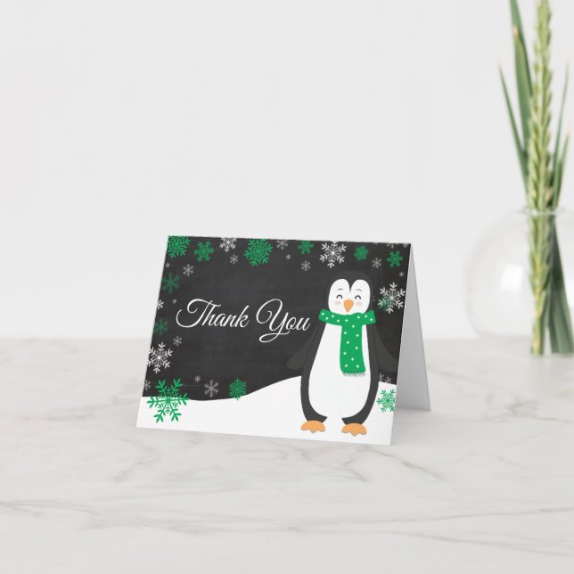 Vinterpingvin Grön Snöflinga Tacksamhetskort Tack Kort (Framsida)