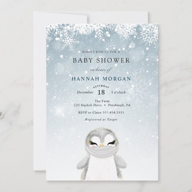 Vinterpingvin med mask baby shower inbjudan (Framsida)