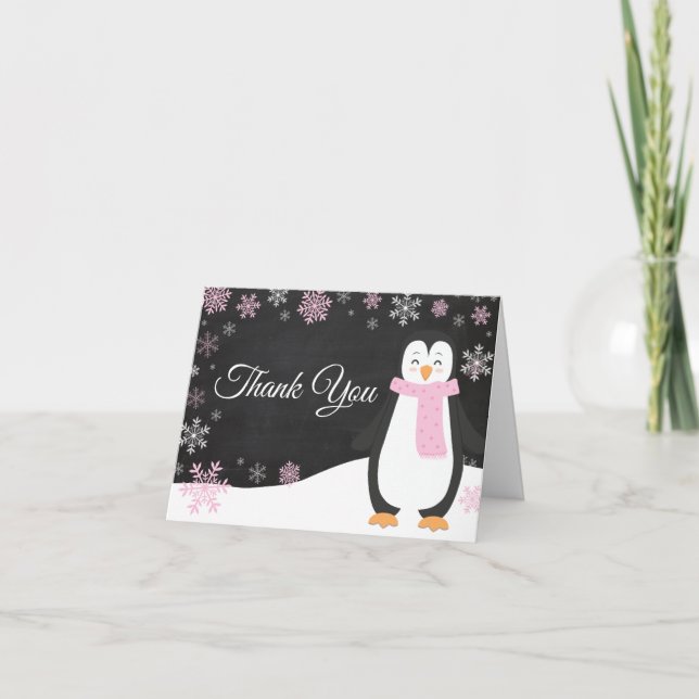 Vinterpingvin Snöflinga Rosa Tacksamhetskort Tack Kort (Framsida)