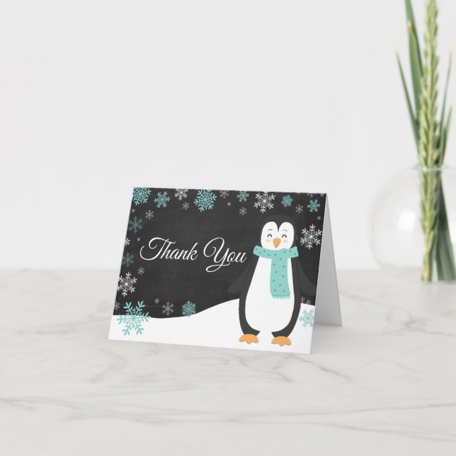 Vinterpingvin Snöflinga Teal Tacksamhetskort Tack Kort (Framsida)