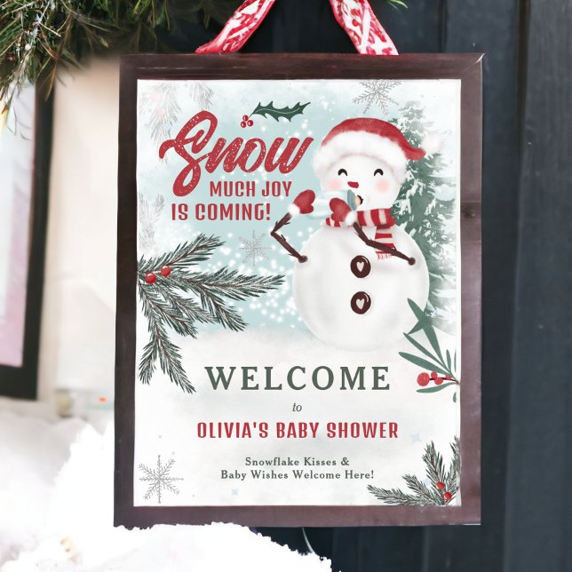 Vinterporten gräs grönt is snögubbe välkomnar baby poster (Winter green pine ice snowman welcome baby shower poster)