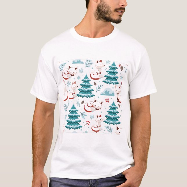 Vinterräv Snöig Tall Julmönster T Shirt (Framsida)