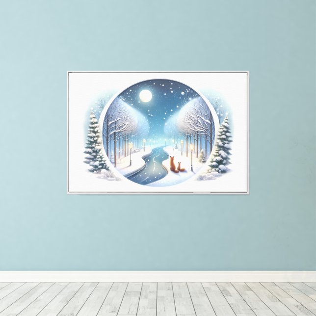 Vinterrävar vid månbelyst snöig flod canvastryck (Insitu (trägolv))