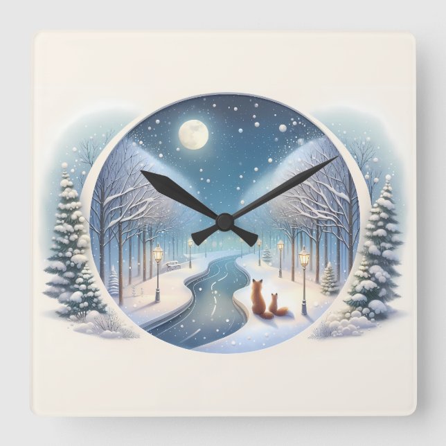 Vinterrävar vid månbelyst snöig flod fyrkantig klocka (Framsida)