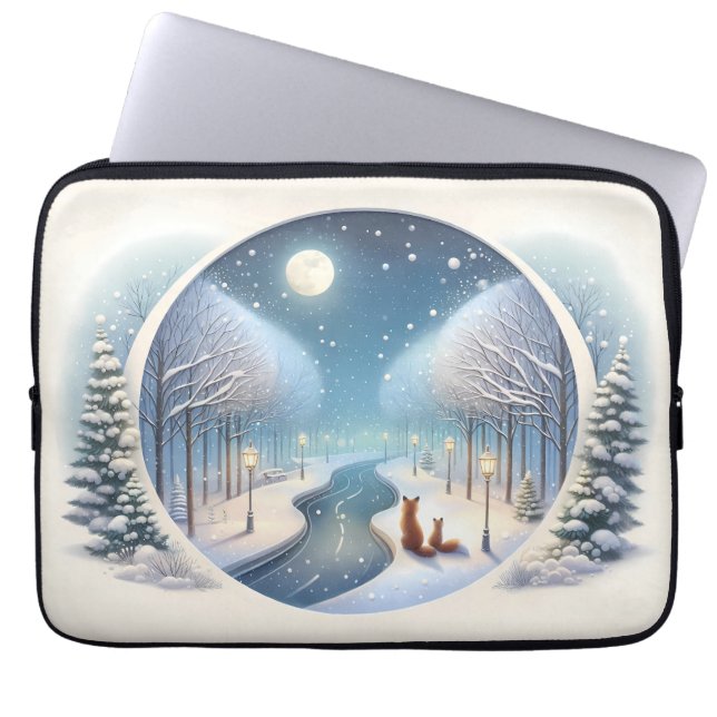 Vinterrävar vid månbelyst snöig flod laptop fodral (Framsidan)