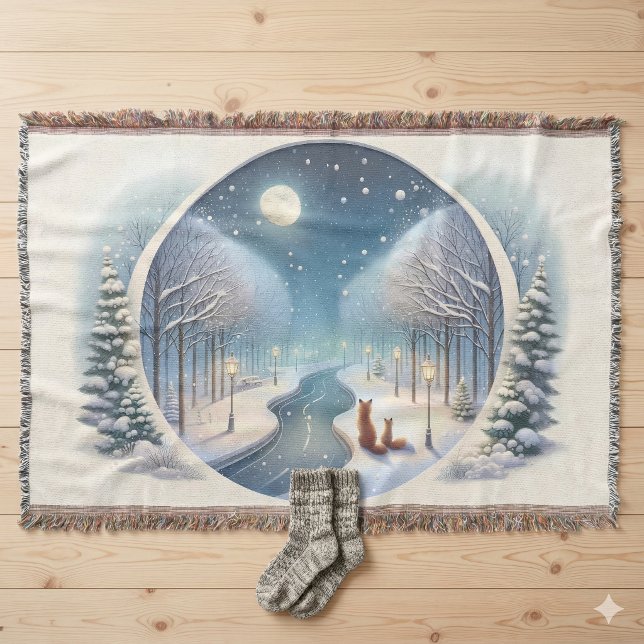 Vinterrävar vid månljus snöflödig flod filt (Winter Foxes by Moonlit Snowy River Throw Blanket )