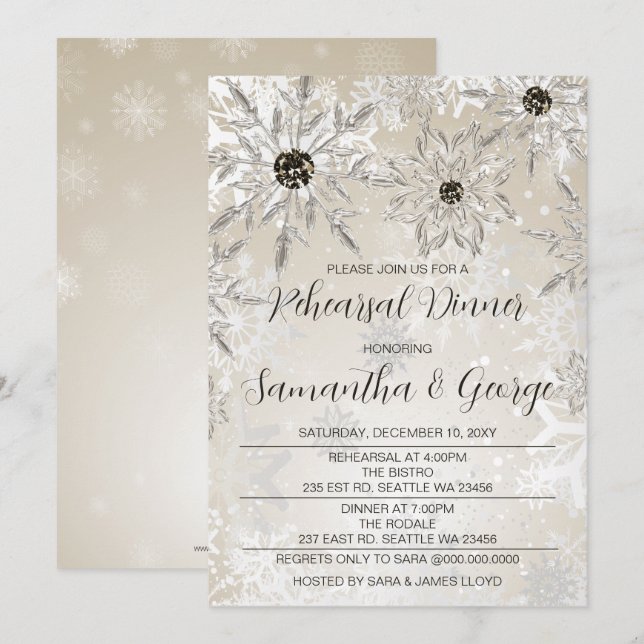 Vinterrepetitionsmiddag för silver Guld Snöflingor Inbjudningar (Fram/baksida)