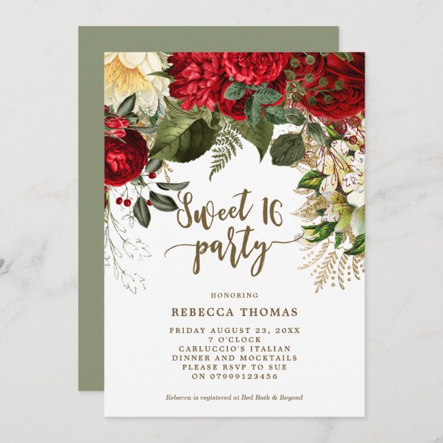 vinterröd blommigt Sweet 16-partiinbjudan Inbjudningar (Fram/baksida)