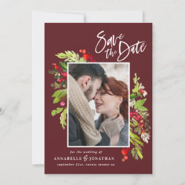 Vinterröd grönt botaniska vattenfärgfoto chic s spara datumet