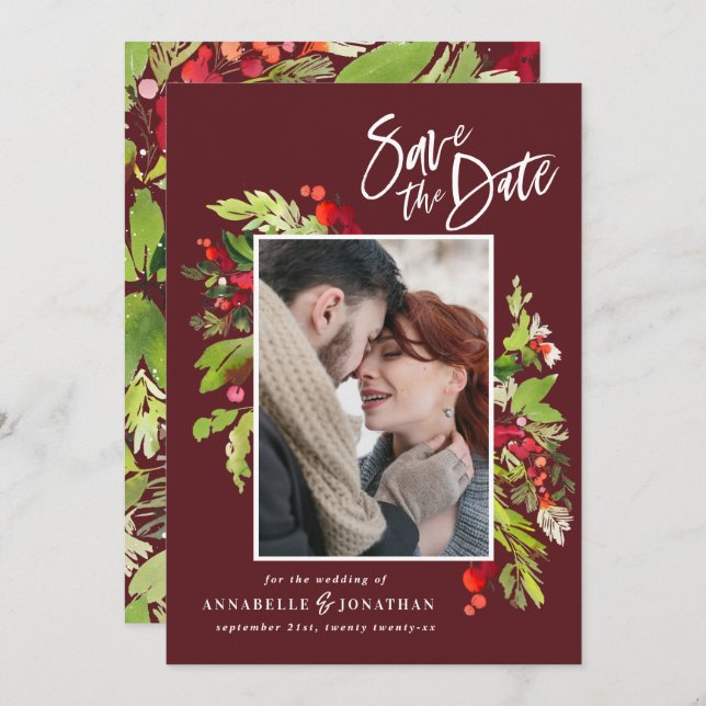 Vinterröd grönt botaniska vattenfärgfoto chic s spara datumet (Fram/baksida)