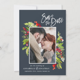 Vinterröd grönt botaniskt vattenfärgfoto blått spara datumet