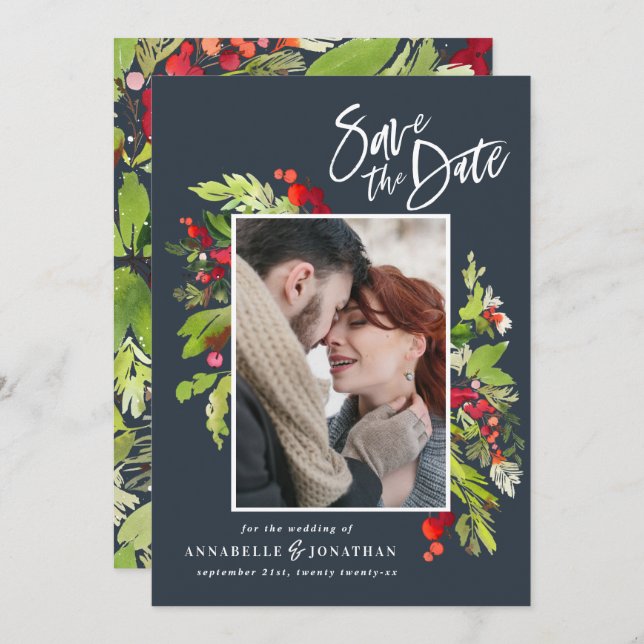 Vinterröd grönt botaniskt vattenfärgfoto blått spara datumet (Fram/baksida)