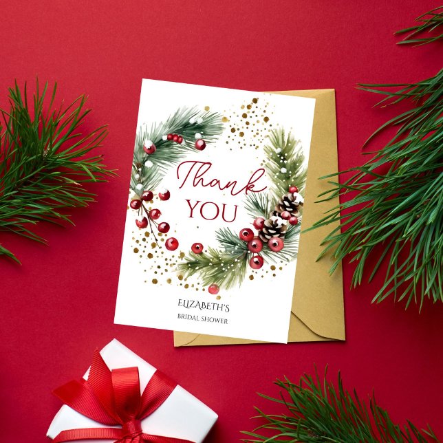 Vinterröda bär, snövall av gräs tack kort (Winter red berries snowy pines wreath thank you card watercolor winter rustic elegant thank you card)