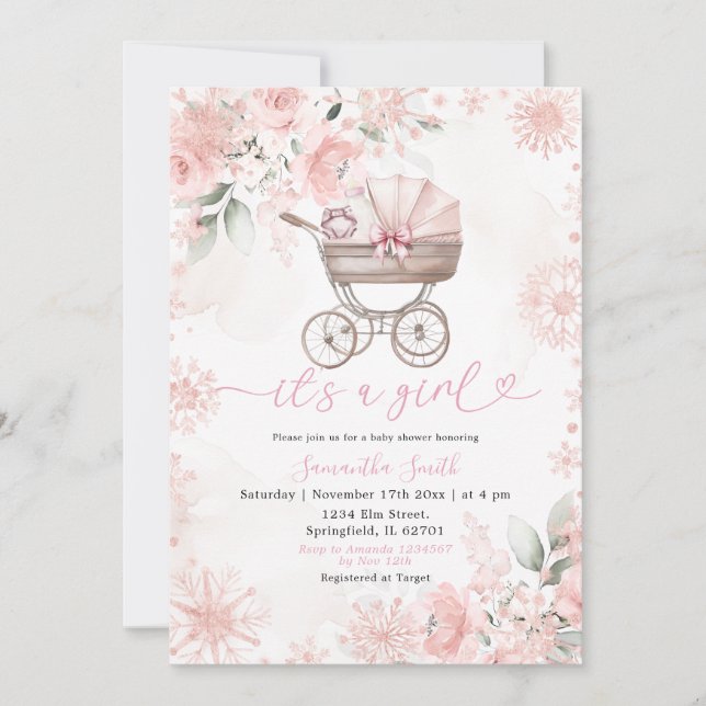 Vinterros Floral Barnvagn Baby Shower Inbjudningar (Framsida)