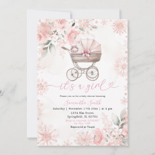 Vinterros Floral Barnvagns Baby Shower Inbjudningar