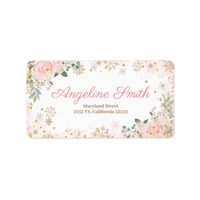 VinterRosa Blommigt Snowflake Baby Shower Adressetikett (Framsidan)