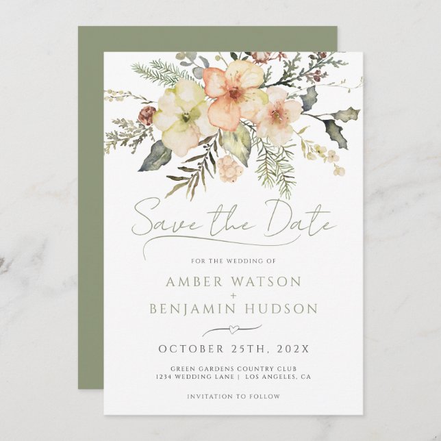 Vintersaldo Grönt Jul Blommigt Spara datum Inbjudningar (Fram/baksida)