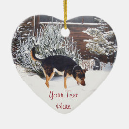 vinterscen i snö med söt svart och brunt hund julgransprydnad keramik