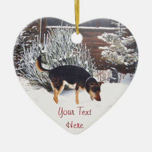 vinterscen i snö med söt svart och brunt hund julgransprydnad keramik