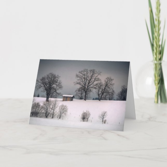Vinterscen, kulle och träd, stuga helgkort (Framsida)