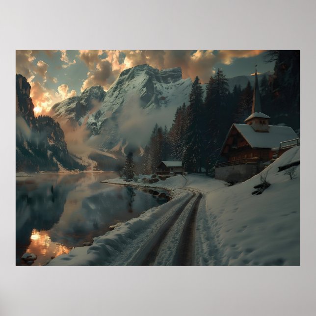 Vinterscen med byggnad av trä poster (Framsidan)