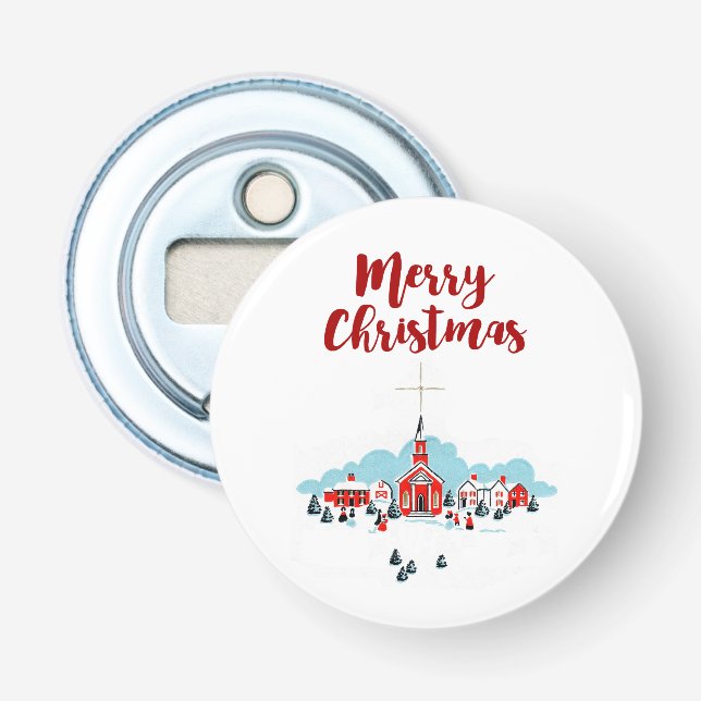 Vinterscen med en röd kyrka och julstjärna flasköppnare (Framsidan)