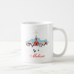 Vinterscen med en röd kyrka och julstjärna kaffemugg