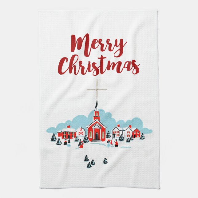 Vinterscen med en röd kyrka och julstjärna kökshandduk (Vertikal)