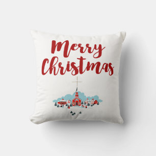 Vinterscen med en röd kyrka och julstjärna kudde