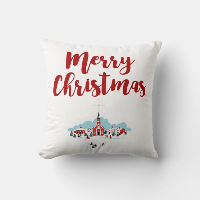 Vinterscen med en röd kyrka och julstjärna kudde (Framsida)