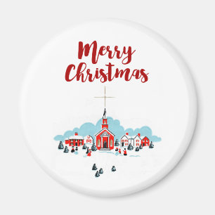 Vinterscen med en röd kyrka och julstjärna magnet