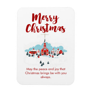 Vinterscen med en röd kyrka och julstjärna magnet