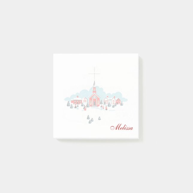 Vinterscen med en röd kyrka och julstjärna post-it block (Framsida)