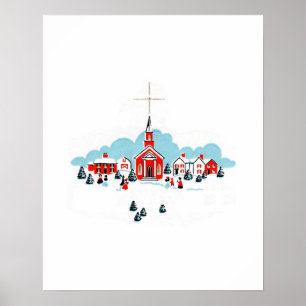 Vinterscen med en röd kyrka och julstjärna poster