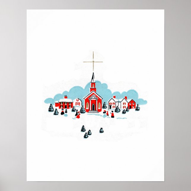 Vinterscen med en röd kyrka och julstjärna poster (Framsidan)