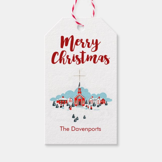 Vinterscen med en röd kyrka och julstjärna presentetikett (Framsidan)
